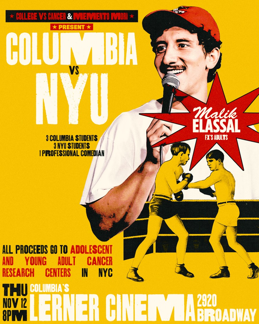 Poster for Catfight: Columbia vs NYU on Thursday, November 12 at 8 PM at Columbia&rsquo;s Lerner Cinema, 2920 Broadway, with headliner Malik Elassal of FX&rsquo;s Adults